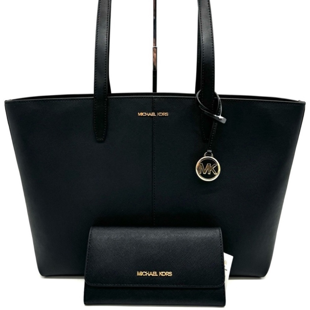 Michael Kors Medium Jet Set Travel Zip Tote Bag & Trifold Wallet Black/Gold